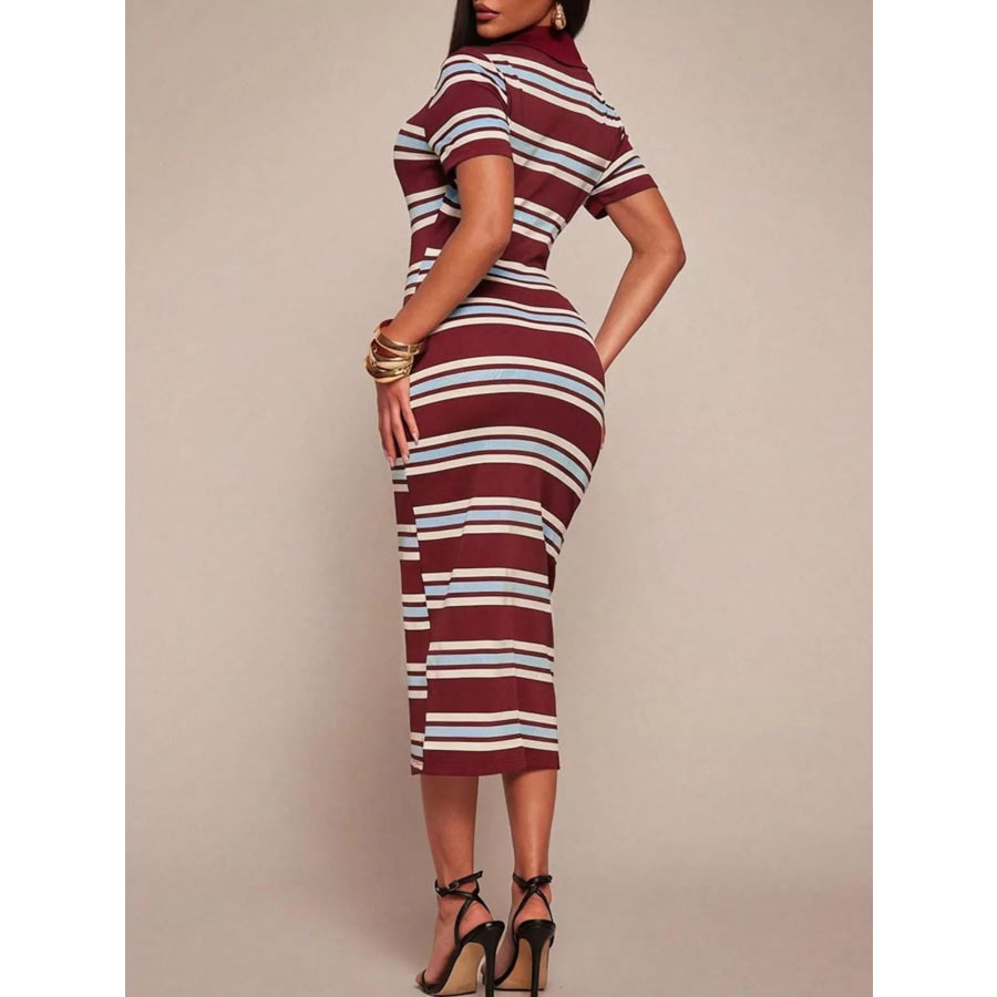 Striped Polo Collar Midi Dress Apparel and Accessories