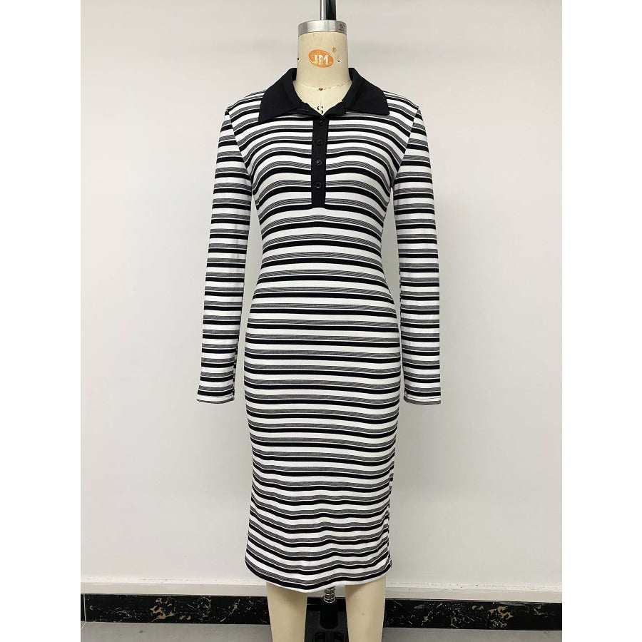 Striped Polo Collar Midi Dress Apparel and Accessories