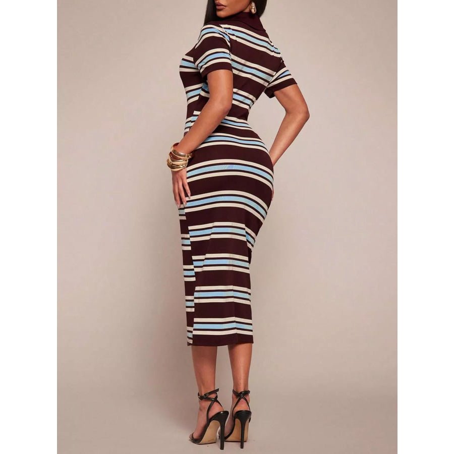Striped Polo Collar Midi Dress Apparel and Accessories