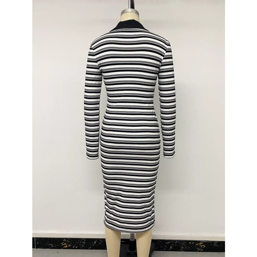 Striped Polo Collar Midi Dress Apparel and Accessories