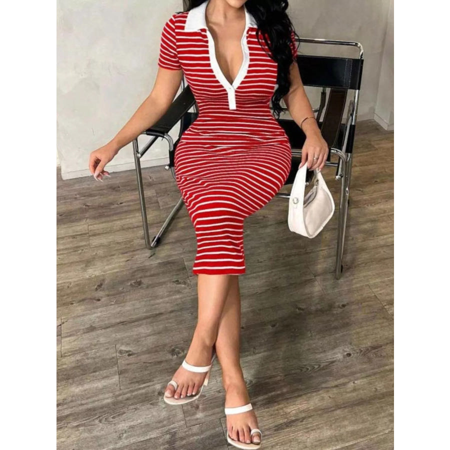 Striped Polo Collar Midi Dress Apparel and Accessories
