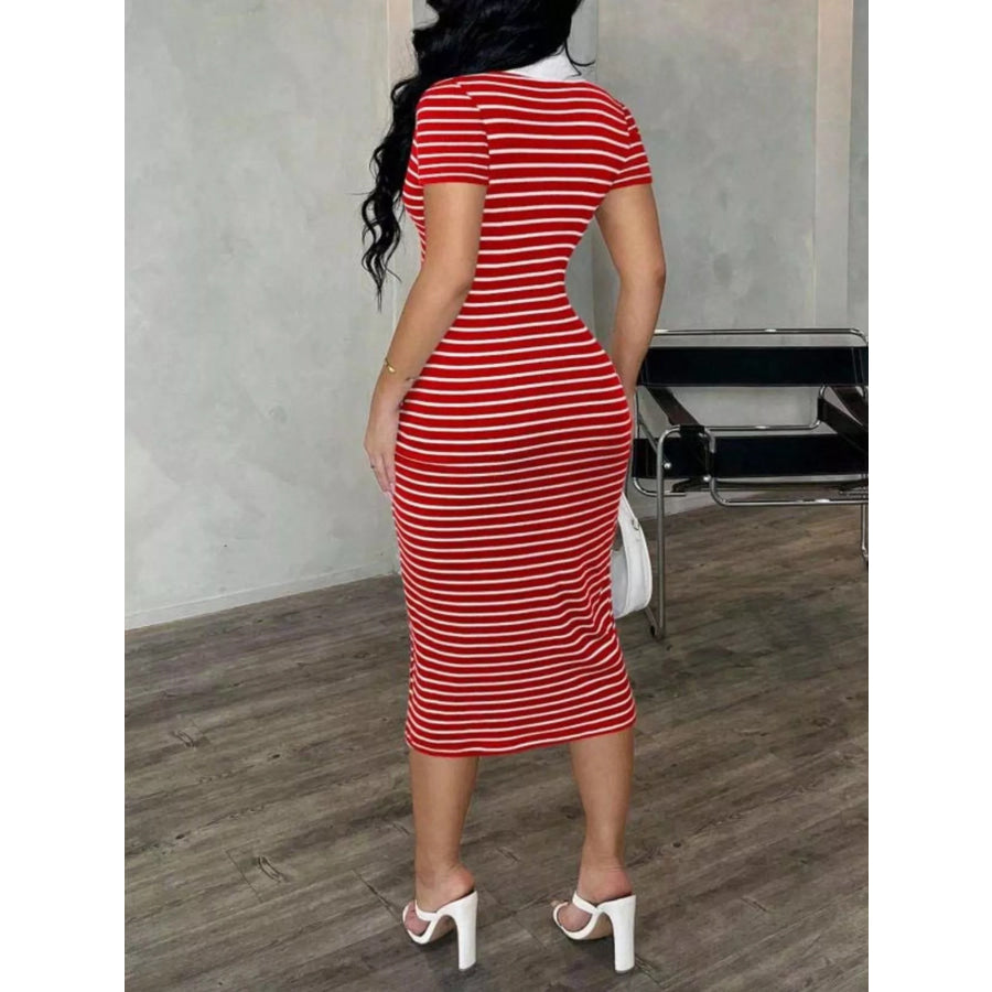 Striped Polo Collar Midi Dress Apparel and Accessories