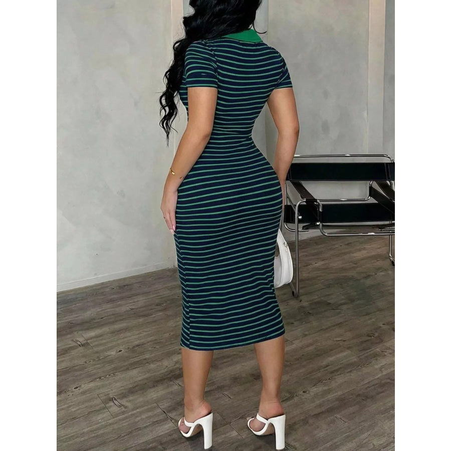 Striped Polo Collar Midi Dress Apparel and Accessories