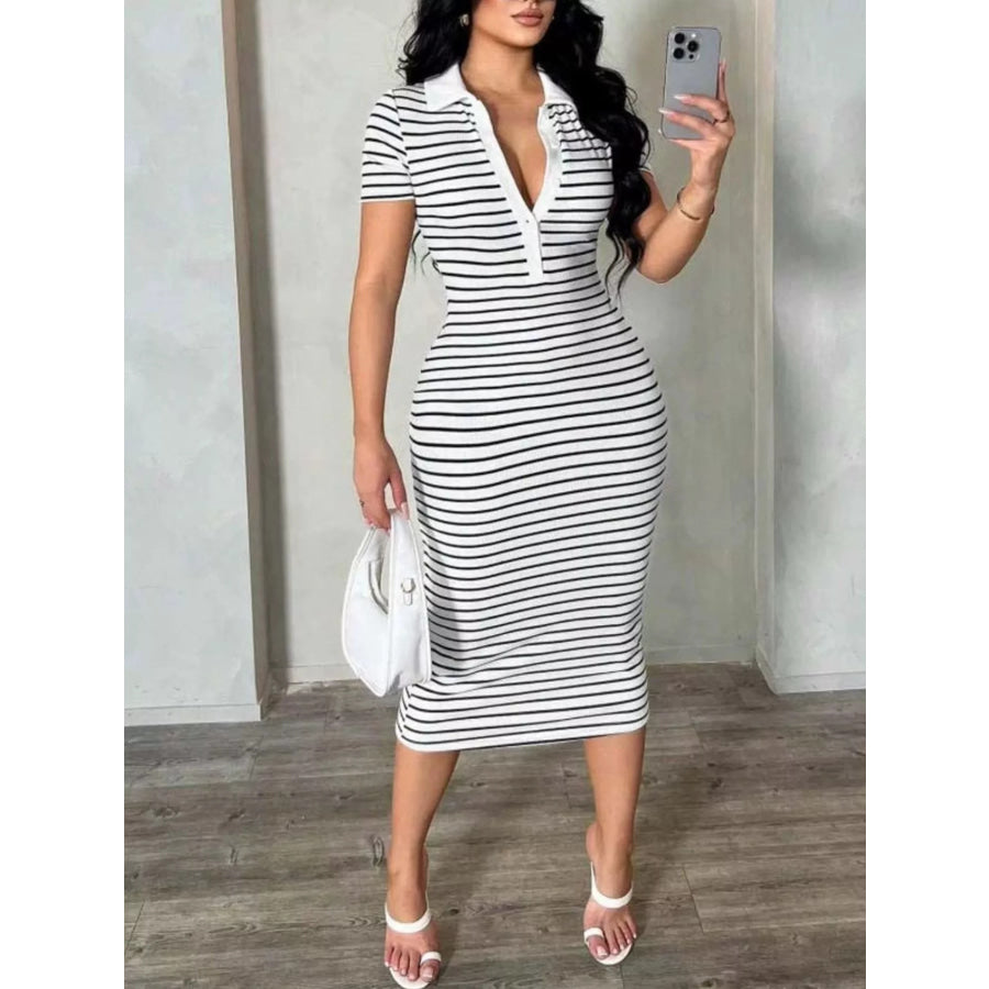 Striped Polo Collar Midi Dress Apparel and Accessories