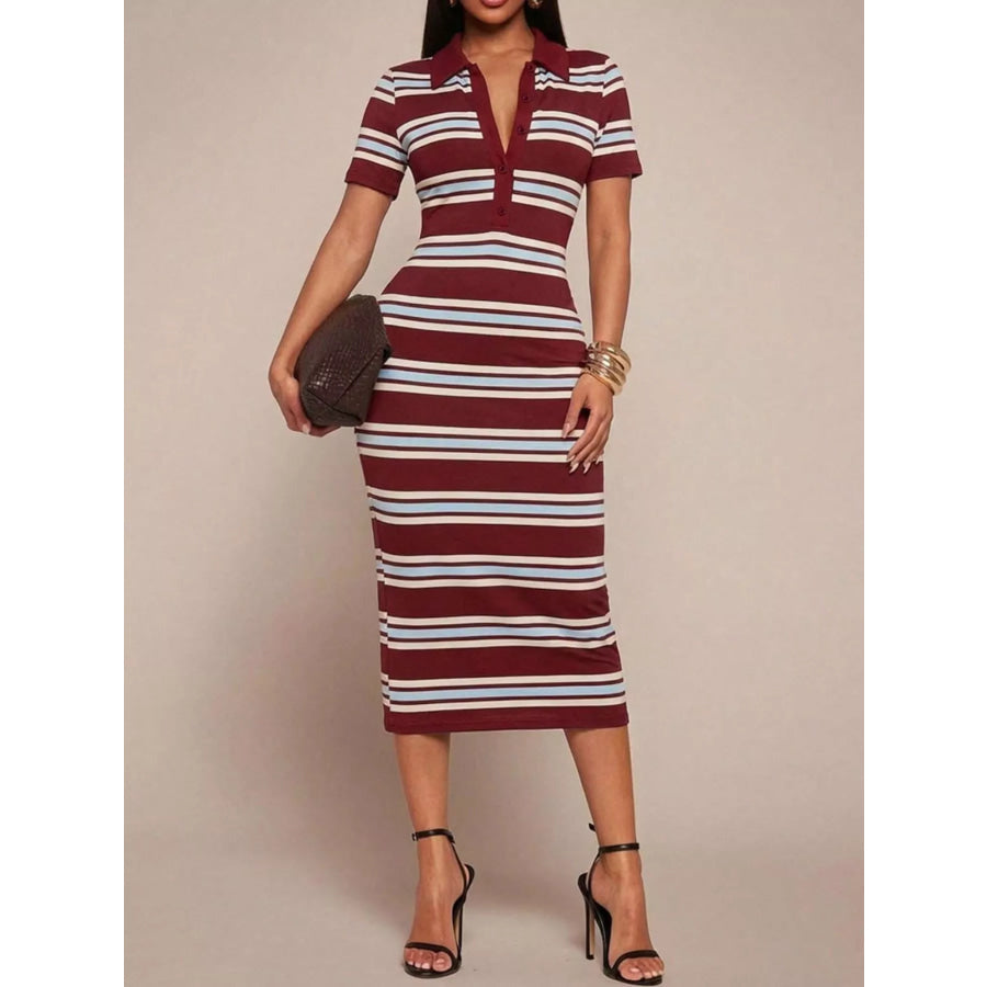 Striped Polo Collar Midi Dress Burgundy / S Apparel and Accessories
