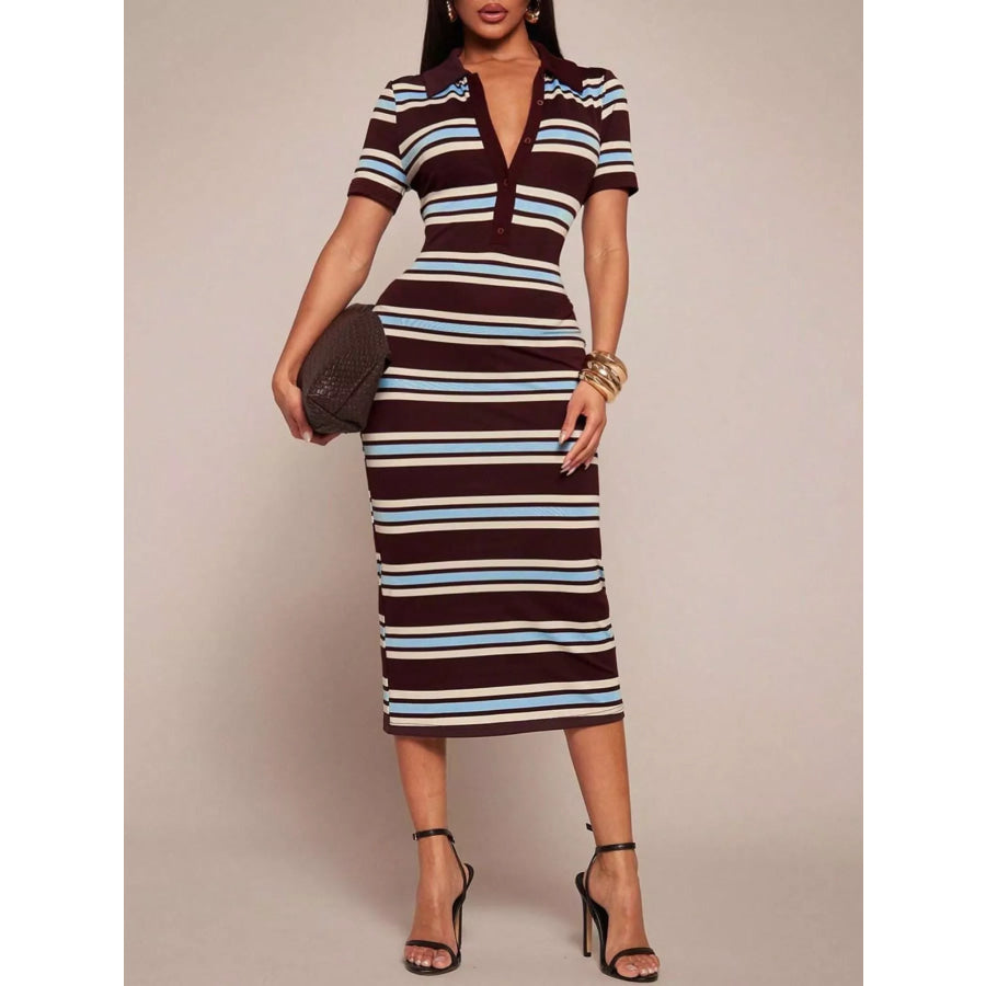 Striped Polo Collar Midi Dress Dark Brown / S Apparel and Accessories
