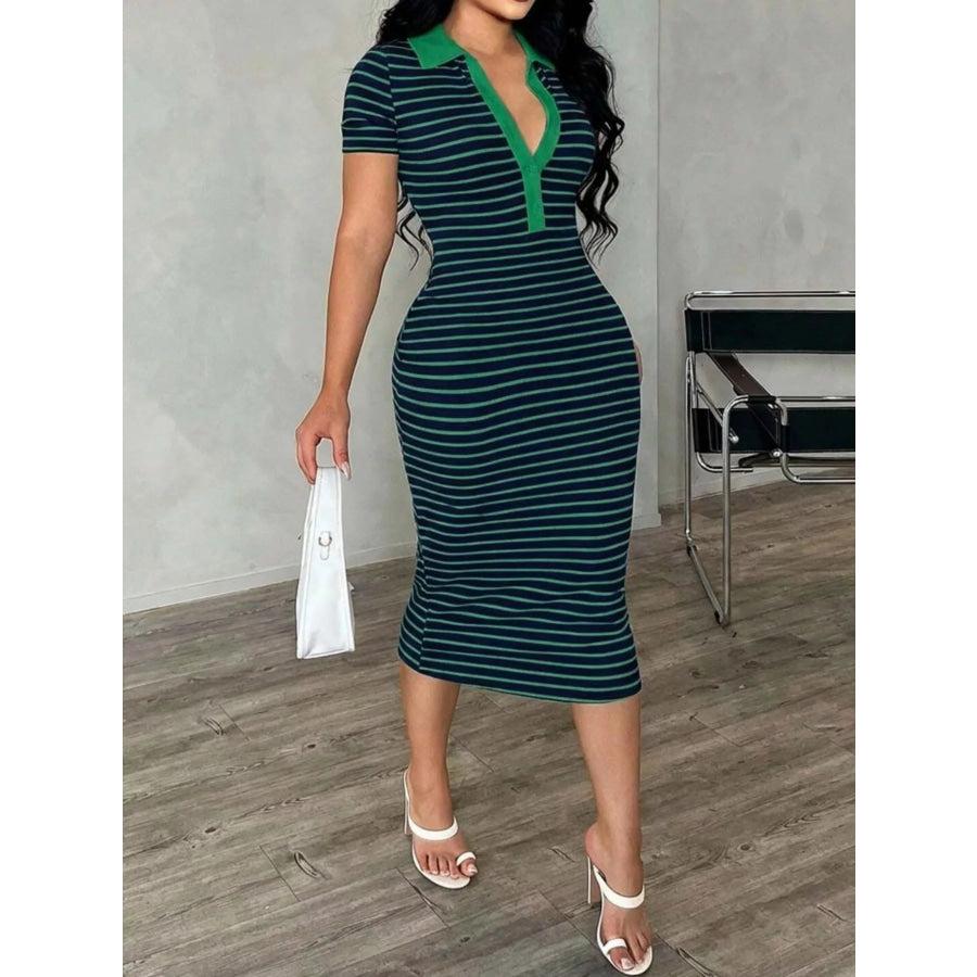 Striped Polo Collar Midi Dress Dark Green / S Apparel and Accessories