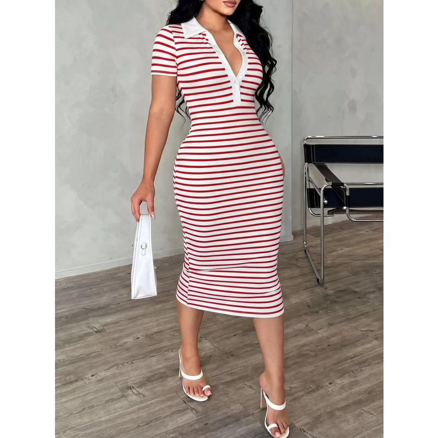 Striped Polo Collar Midi Dress Red and White / S Apparel and Accessories