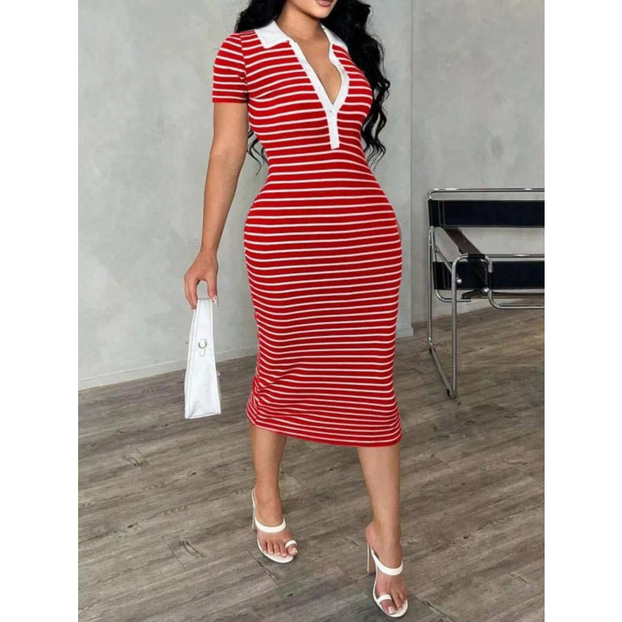 Striped Polo Collar Midi Dress Rust / S Apparel and Accessories