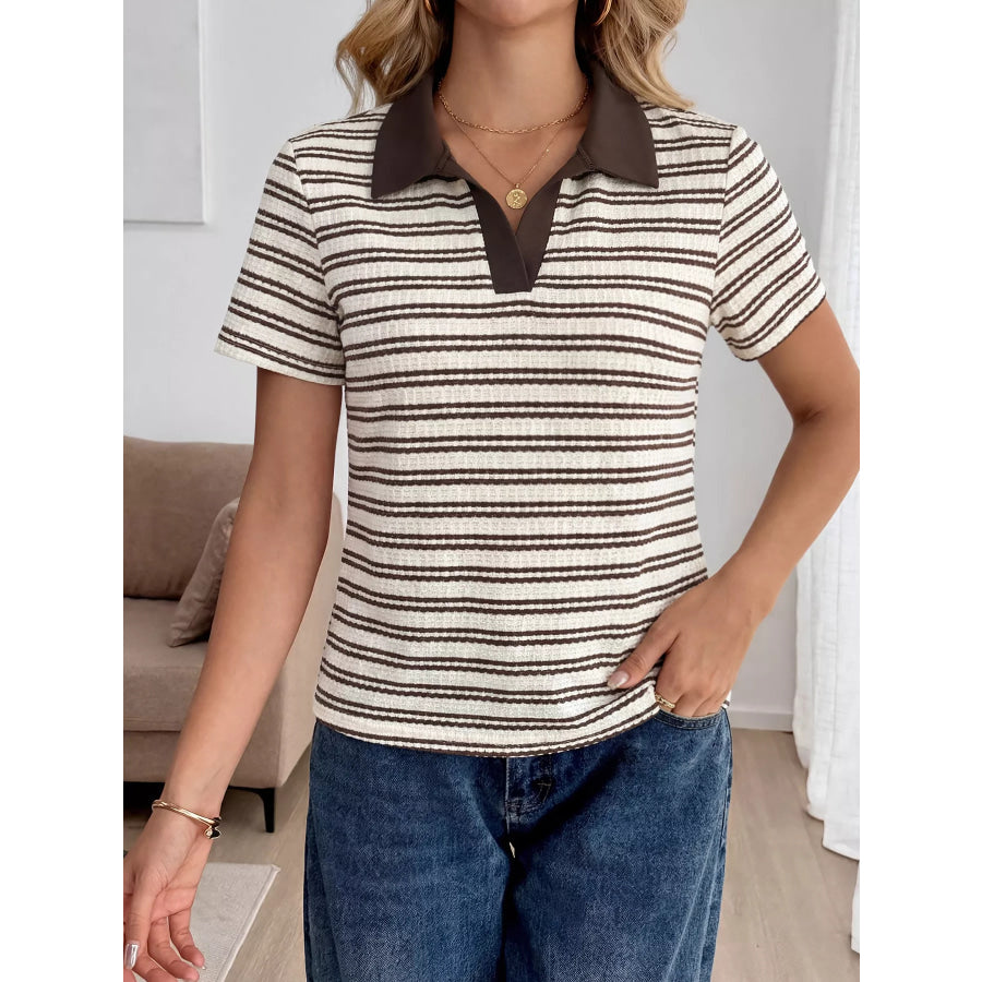Striped Polo Collar Short Sleeve Top Apparel and Accessories