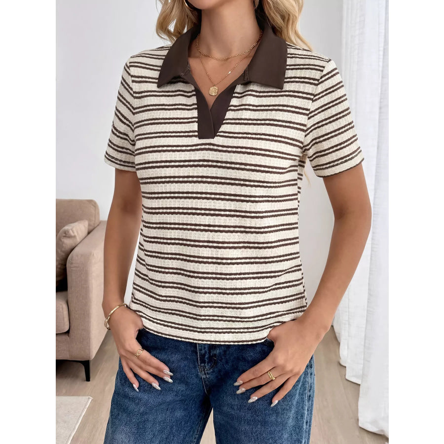 Striped Polo Collar Short Sleeve Top Apparel and Accessories