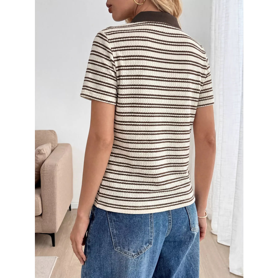 Striped Polo Collar Short Sleeve Top Apparel and Accessories