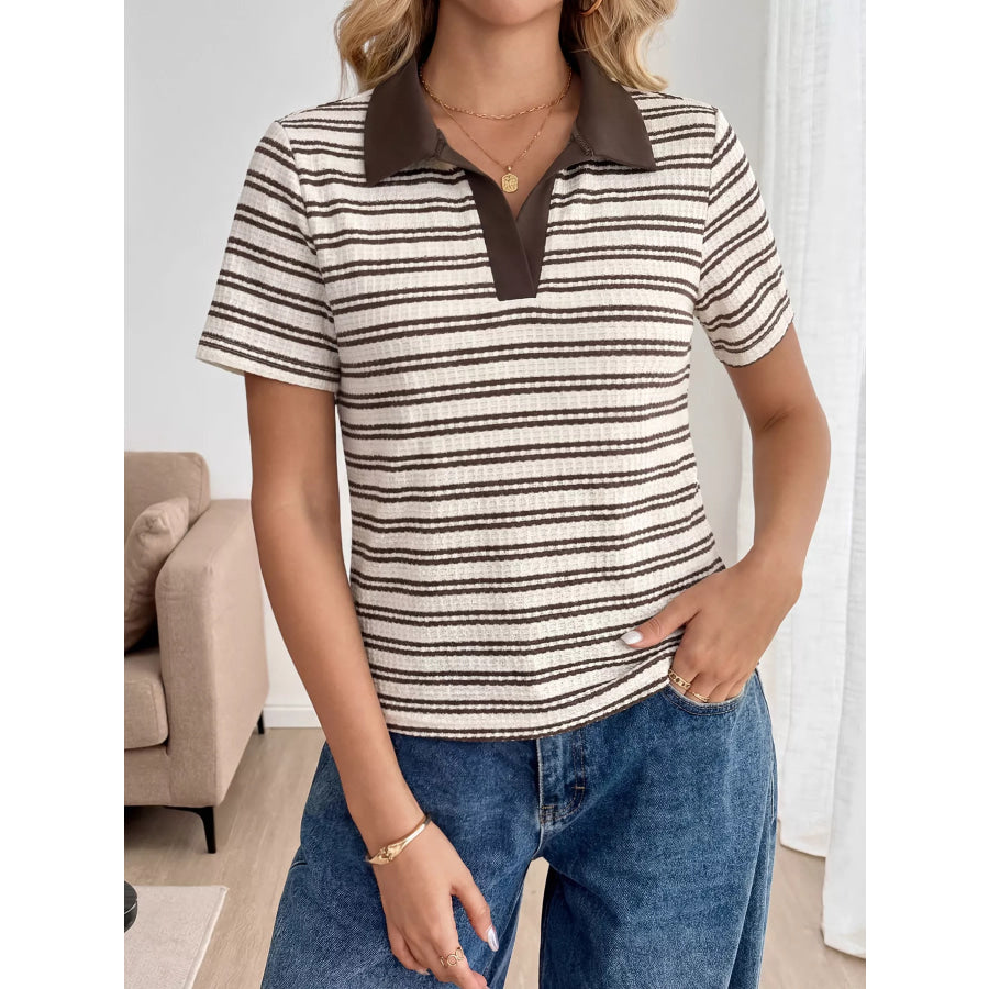 Striped Polo Collar Short Sleeve Top Brown / S Apparel and Accessories