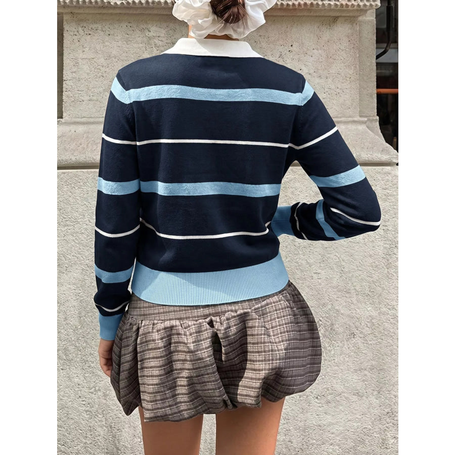 Striped Polo Collar Sweater Apparel and Accessories