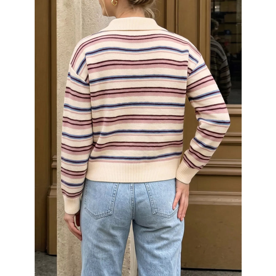 Striped Polo Collar Sweater Apparel and Accessories