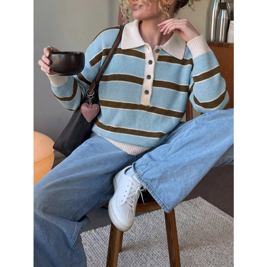 Striped Polo Collar Sweater Apparel and Accessories
