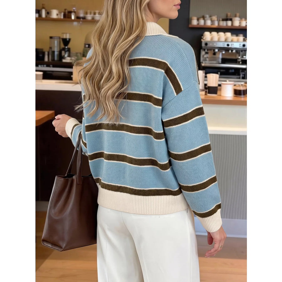 Striped Polo Collar Sweater Apparel and Accessories