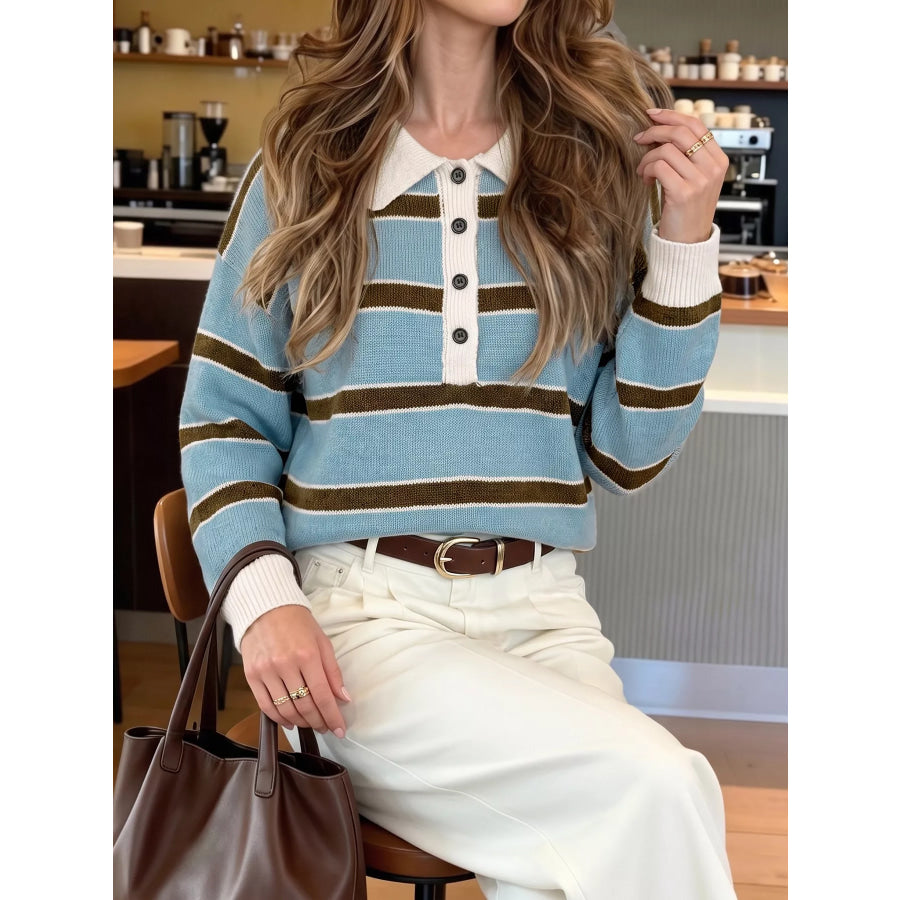 Striped Polo Collar Sweater Apparel and Accessories