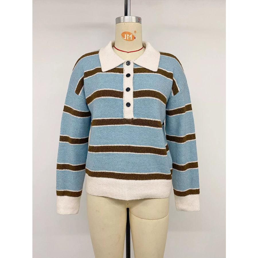 Striped Polo Collar Sweater Apparel and Accessories