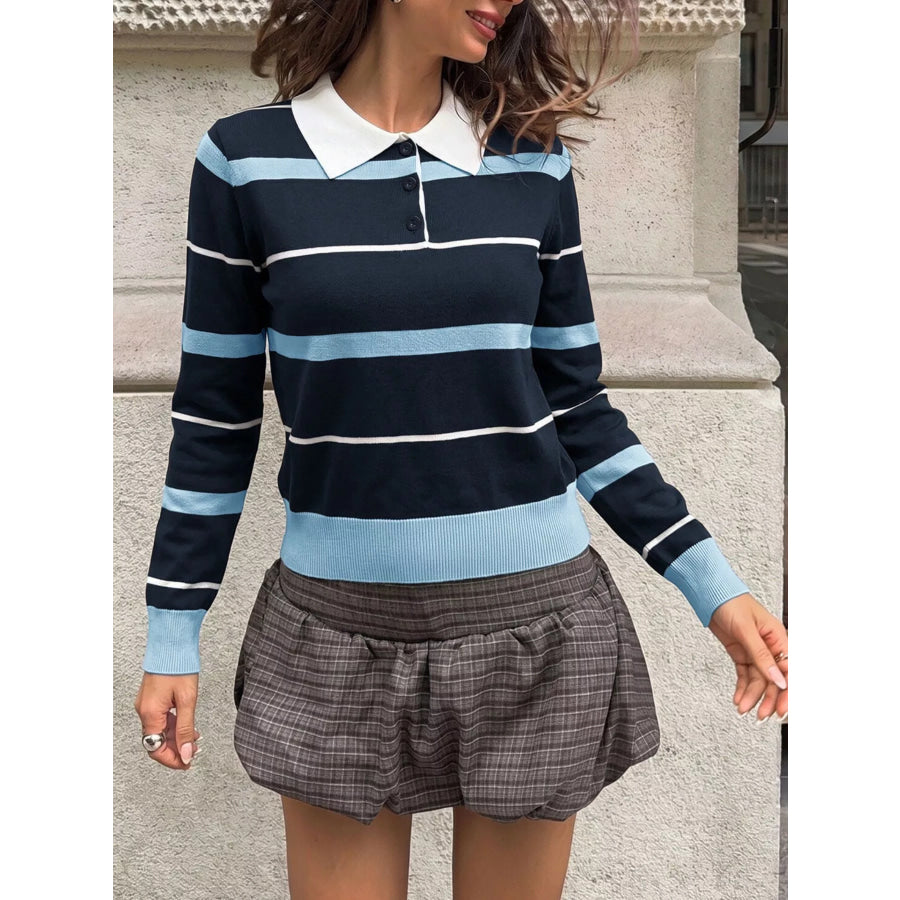 Striped Polo Collar Sweater Apparel and Accessories