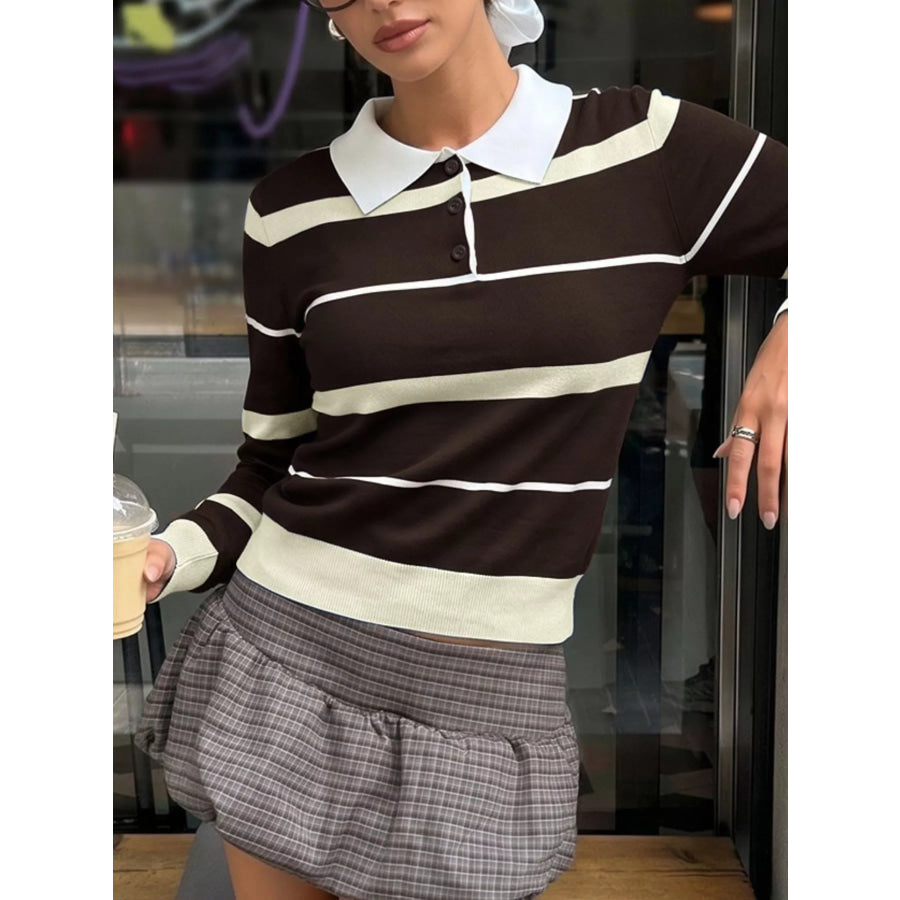 Striped Polo Collar Sweater Apparel and Accessories