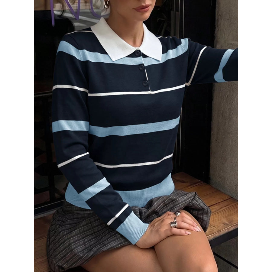 Striped Polo Collar Sweater Apparel and Accessories