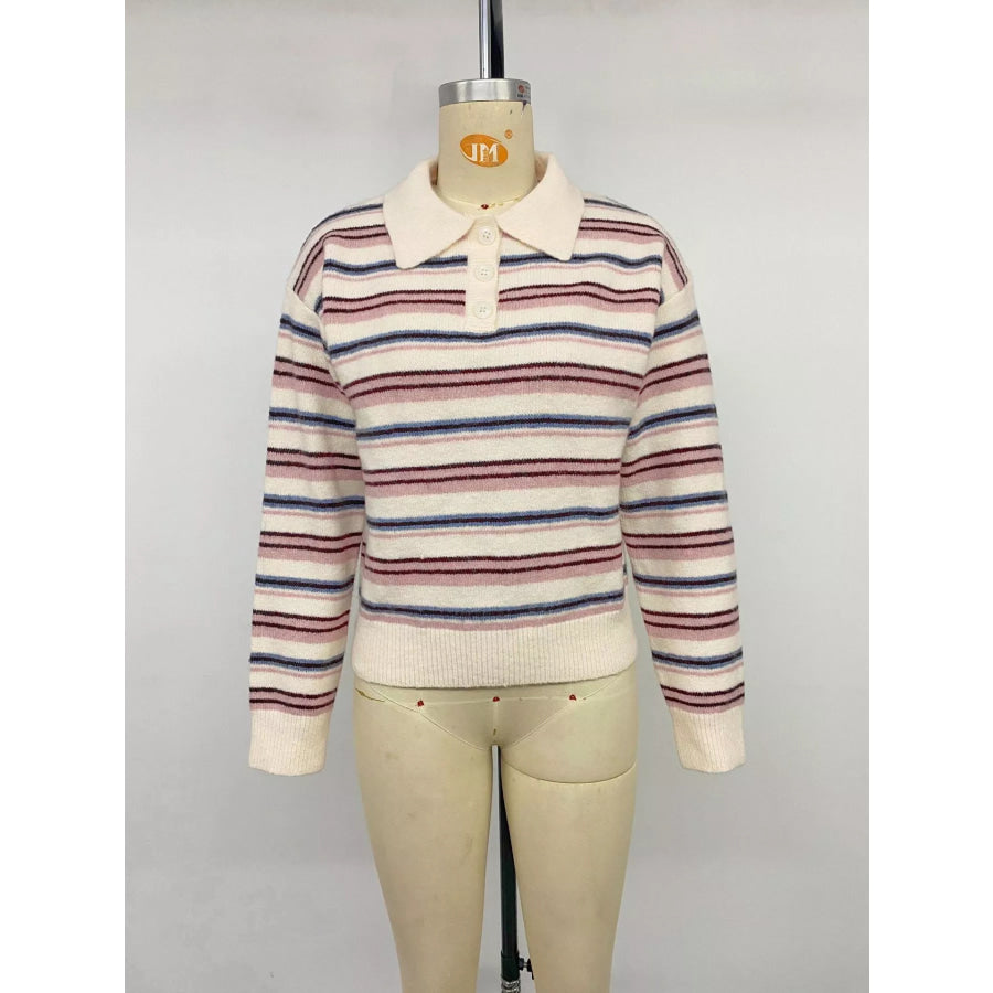 Striped Polo Collar Sweater Apparel and Accessories