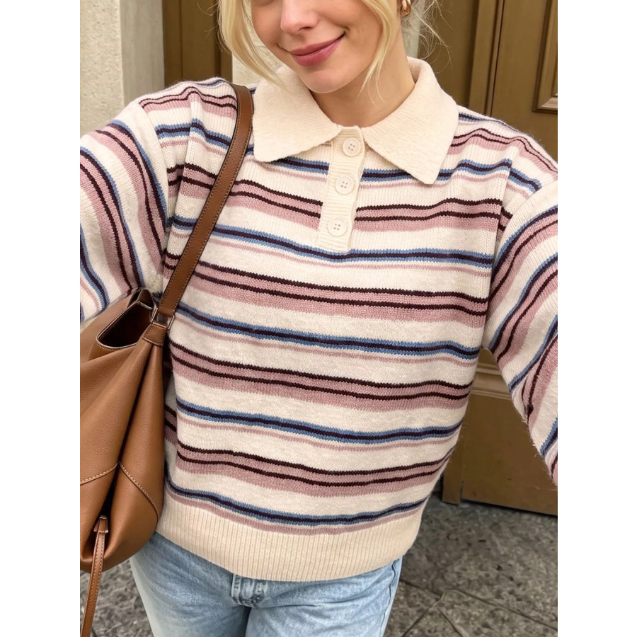 Striped Polo Collar Sweater Apparel and Accessories