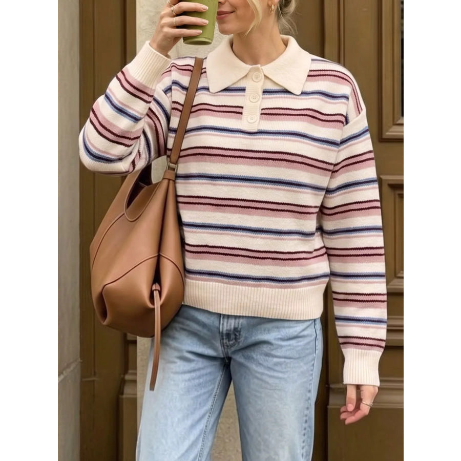 Striped Polo Collar Sweater Apparel and Accessories