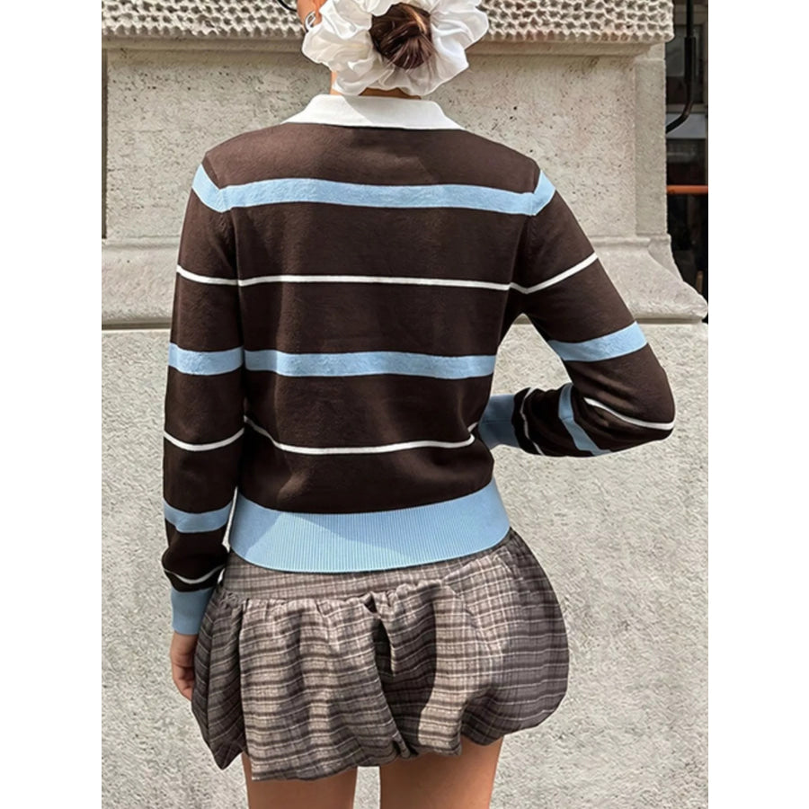 Striped Polo Collar Sweater Apparel and Accessories