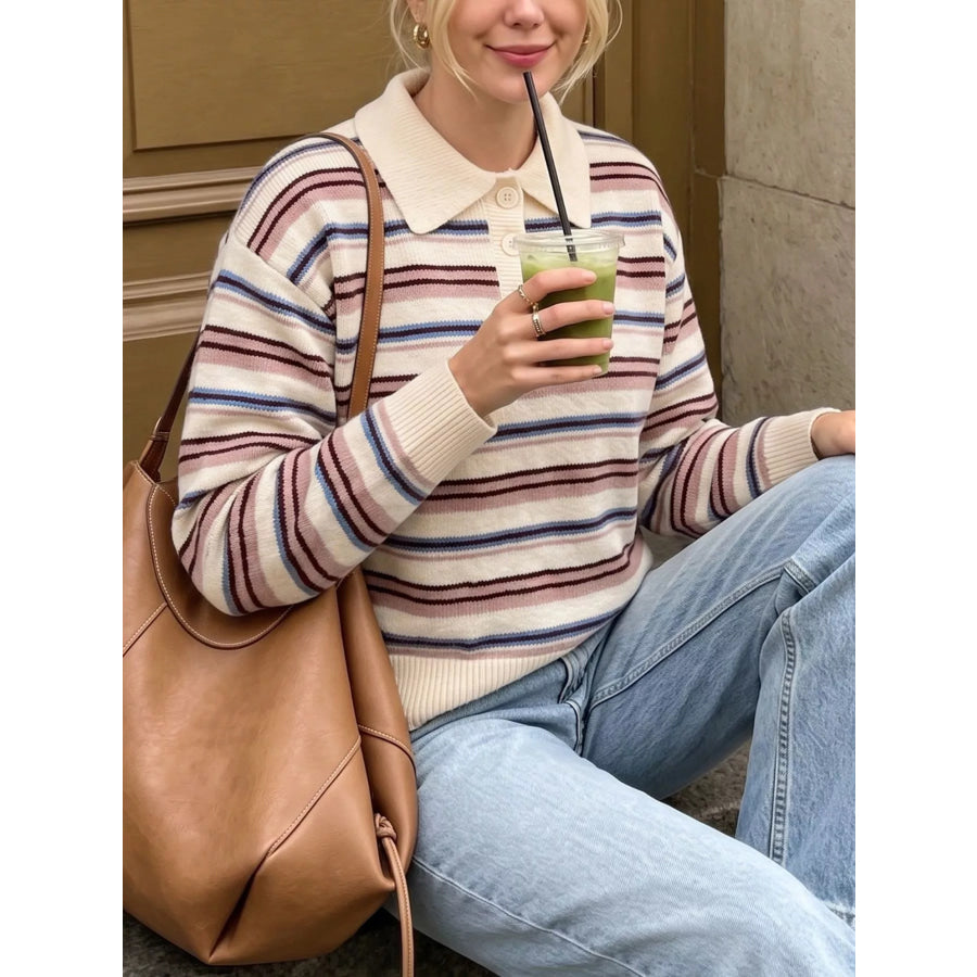 Striped Polo Collar Sweater Apparel and Accessories