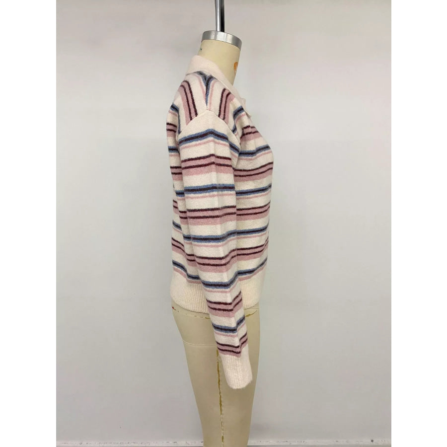 Striped Polo Collar Sweater Apparel and Accessories