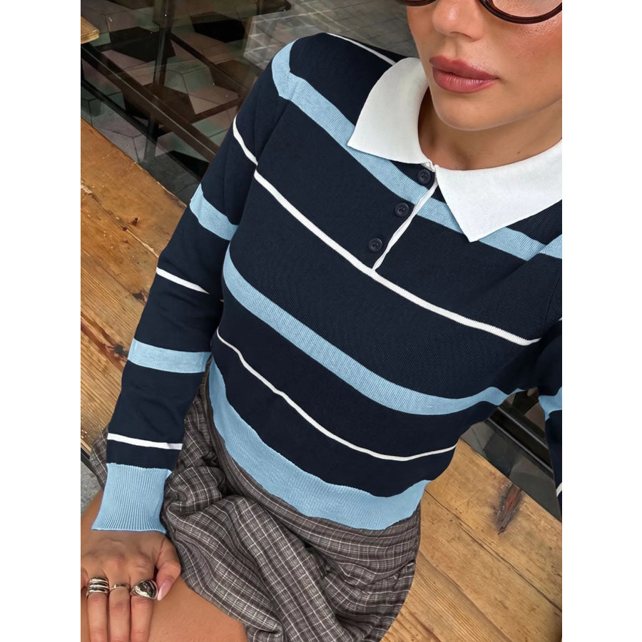 Striped Polo Collar Sweater Apparel and Accessories