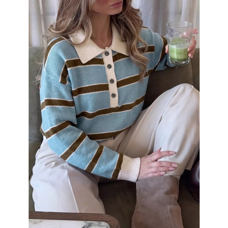 Striped Polo Collar Sweater Apparel and Accessories