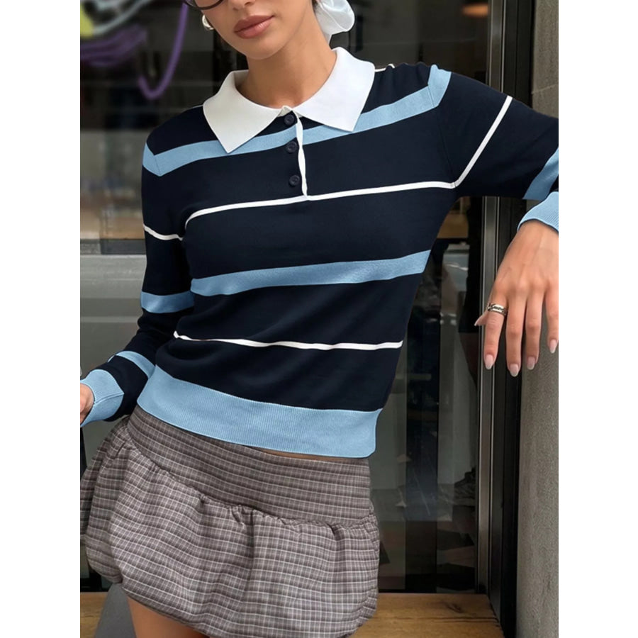 Striped Polo Collar Sweater Apparel and Accessories