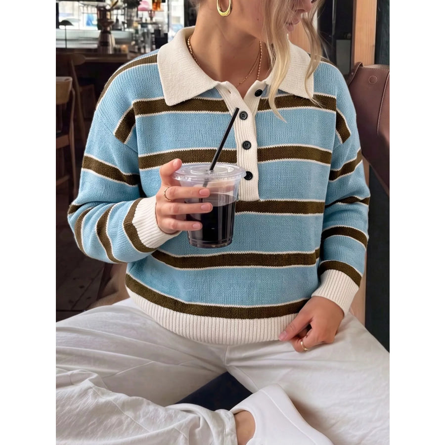Striped Polo Collar Sweater Apparel and Accessories