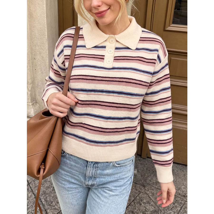 Striped Polo Collar Sweater Apparel and Accessories