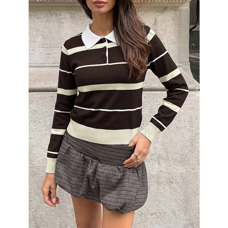 Striped Polo Collar Sweater Apricot Brown / S Apparel and Accessories