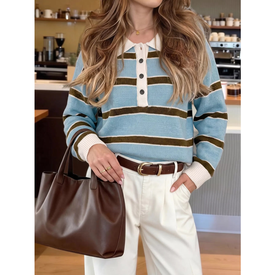 Striped Polo Collar Sweater Blue / S Apparel and Accessories