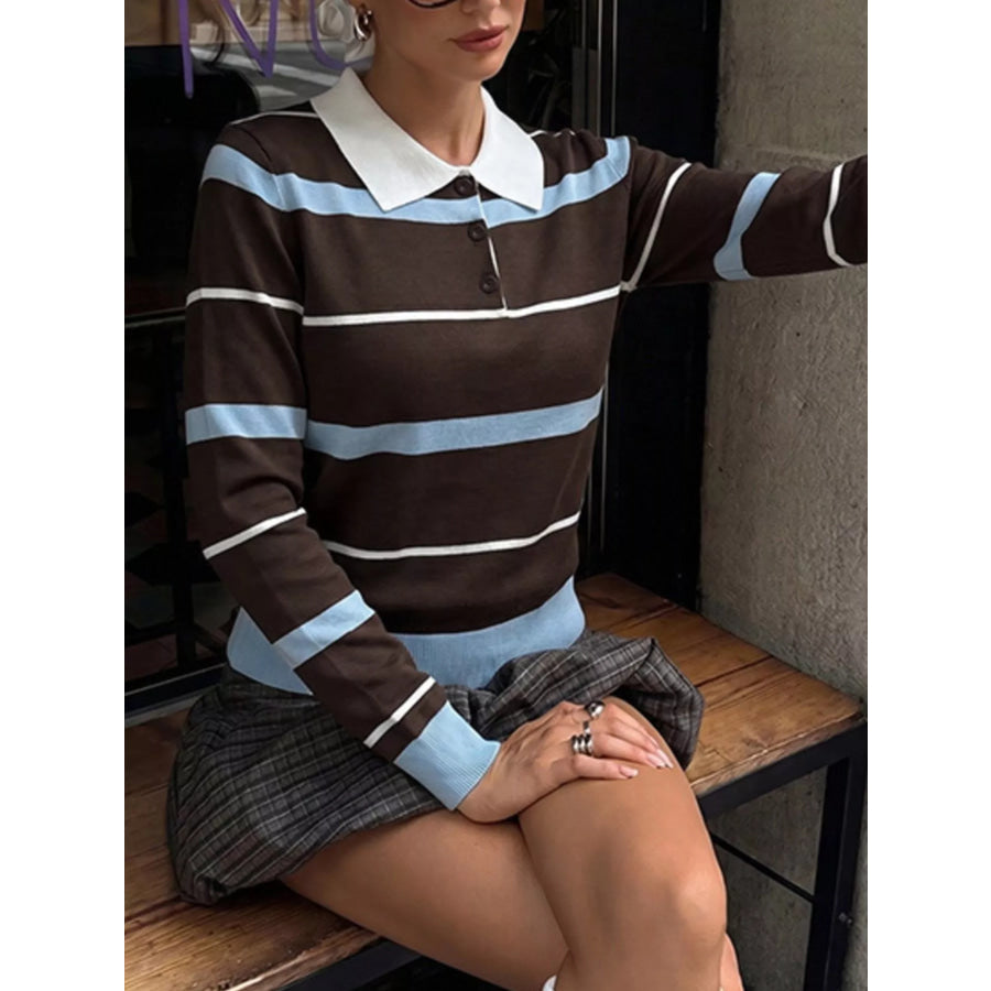 Striped Polo Collar Sweater Coffee Brown / S Apparel and Accessories