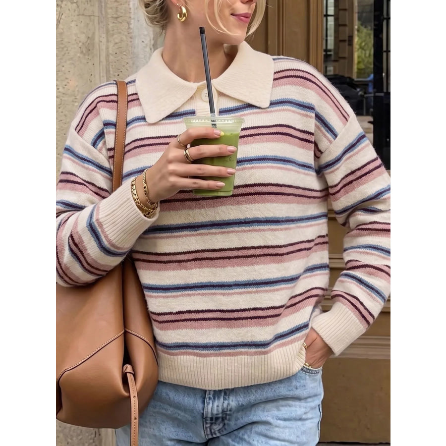 Striped Polo Collar Sweater Pink / S Apparel and Accessories