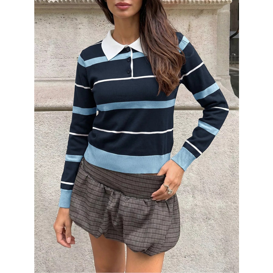 Striped Polo Collar Sweater Royal Blue / S Apparel and Accessories