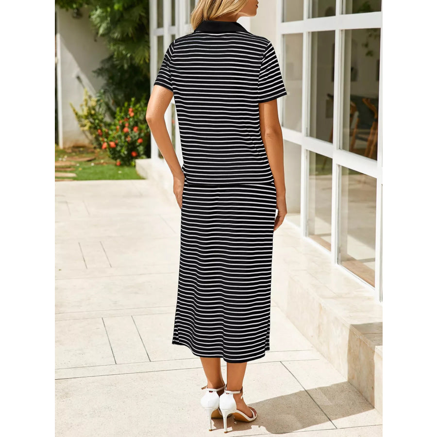 Striped Polo Collar Top and Slit Skirt Two-Piece Set Apparel and Accessories