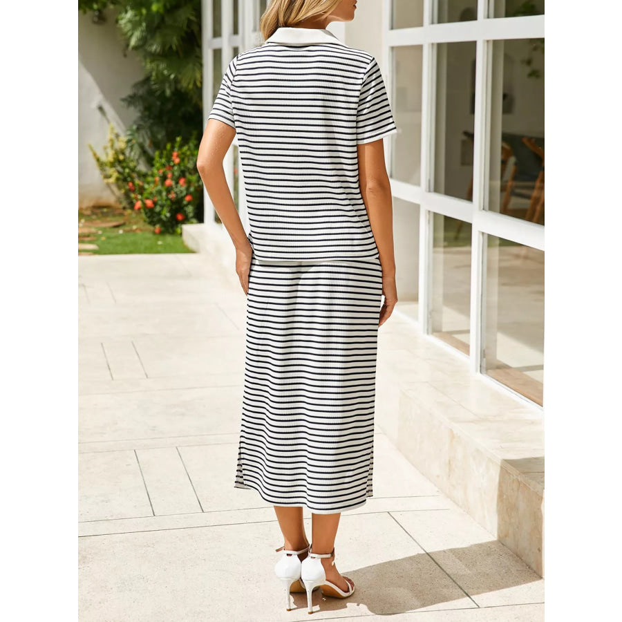 Striped Polo Collar Top and Slit Skirt Two-Piece Set Apparel and Accessories