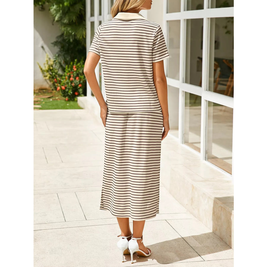 Striped Polo Collar Top and Slit Skirt Two-Piece Set Apparel and Accessories