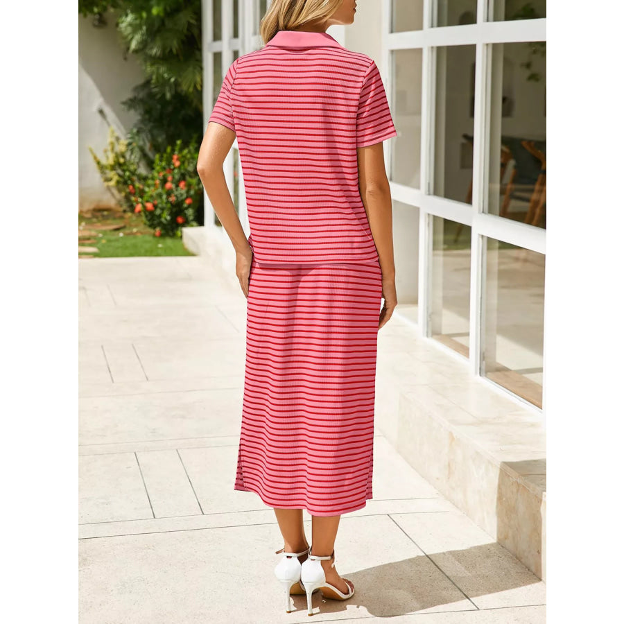 Striped Polo Collar Top and Slit Skirt Two-Piece Set Apparel and Accessories
