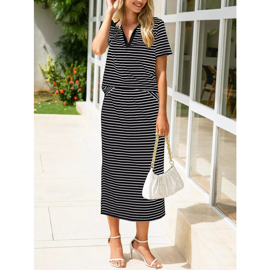 Striped Polo Collar Top and Slit Skirt Two-Piece Set Apparel and Accessories