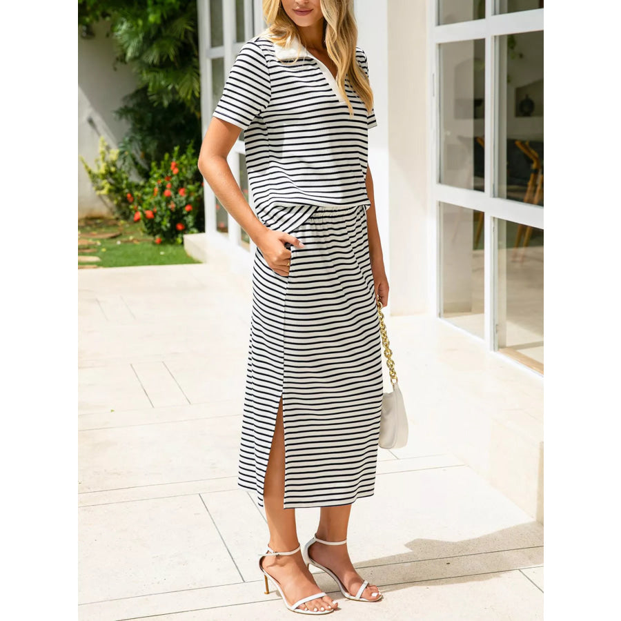 Striped Polo Collar Top and Slit Skirt Two-Piece Set Apparel and Accessories