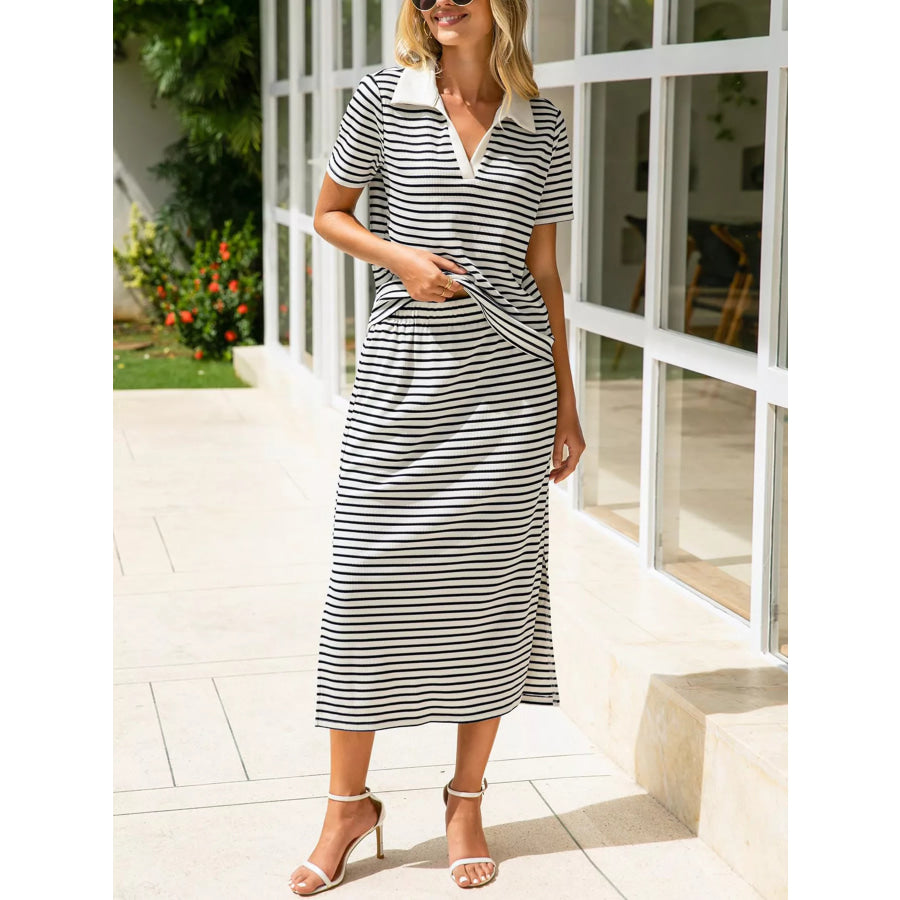 Striped Polo Collar Top and Slit Skirt Two-Piece Set Apparel and Accessories