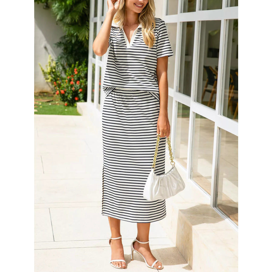 Striped Polo Collar Top and Slit Skirt Two-Piece Set Apparel and Accessories